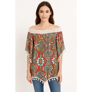 New Ali Miles Tunic Size XL Off Shoulder Paisely Tassel Pom Pom Trim Boho Artsy
